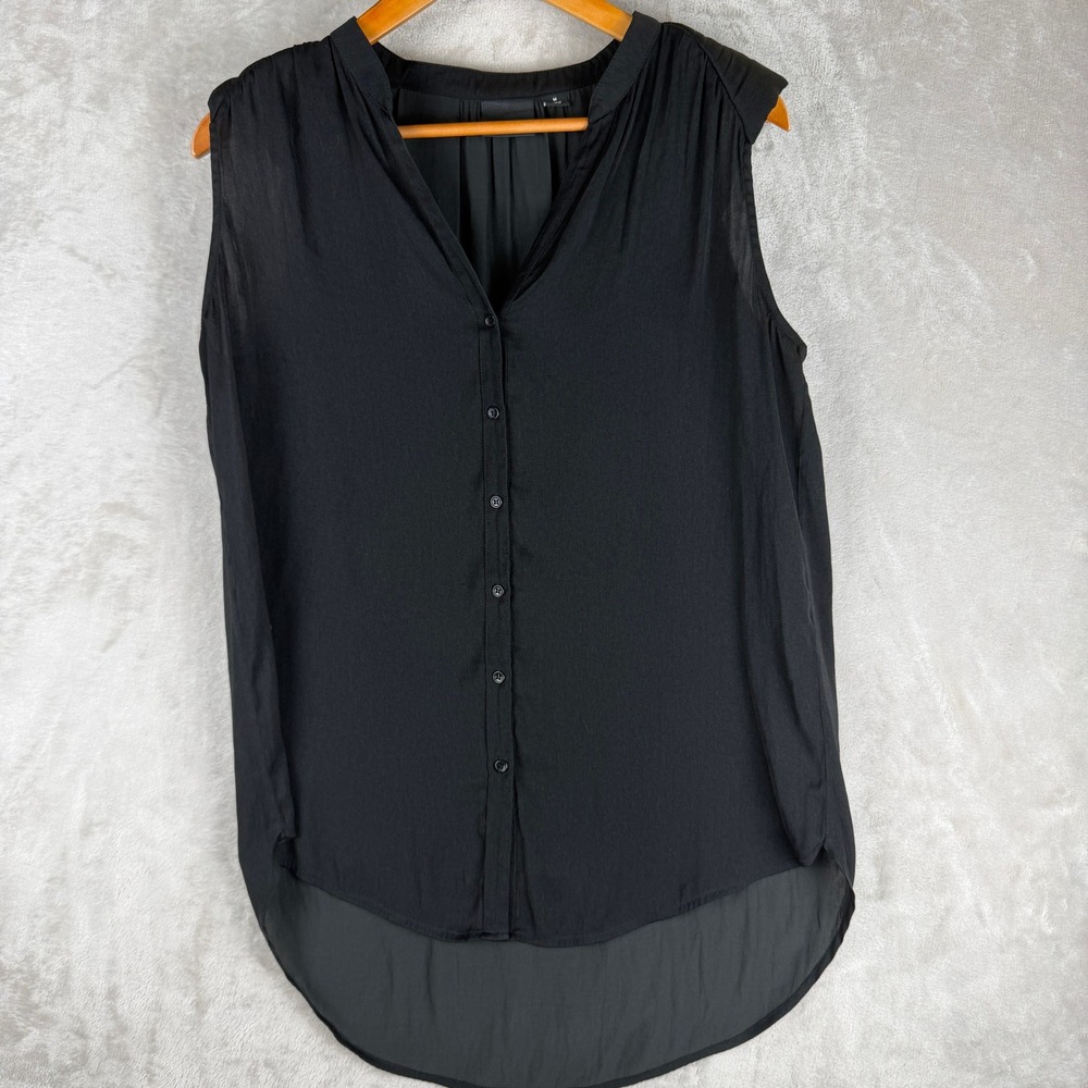 Trouve Womens Black Sleeveless Button Down High Low Blouse Shoulder Pads M